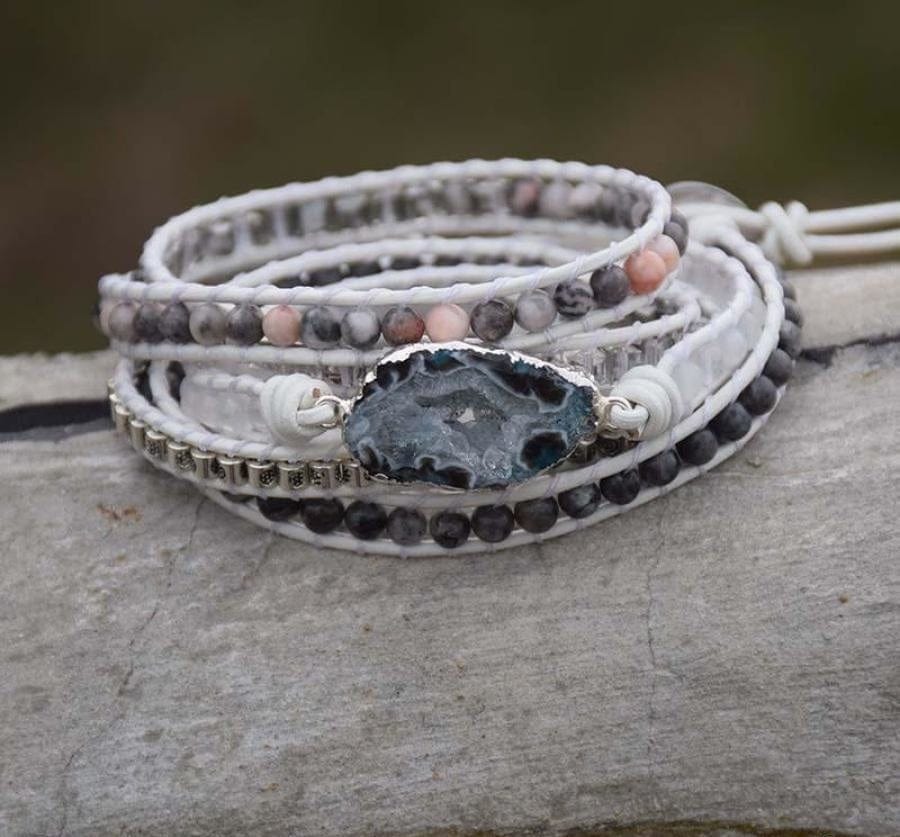 Natural Labradorite, White Jade & Druzy Wrap Bracelet