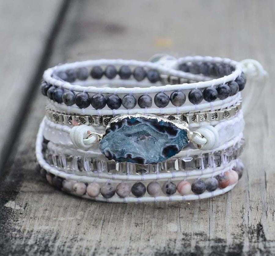 Natural Labradorite, White Jade & Druzy Wrap Bracelet