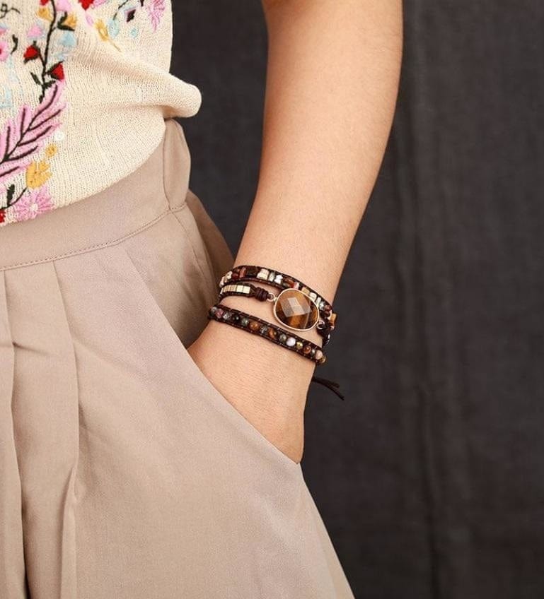 Natural Tiger Eye & Mixed Stone Bead Wrap Bracelet