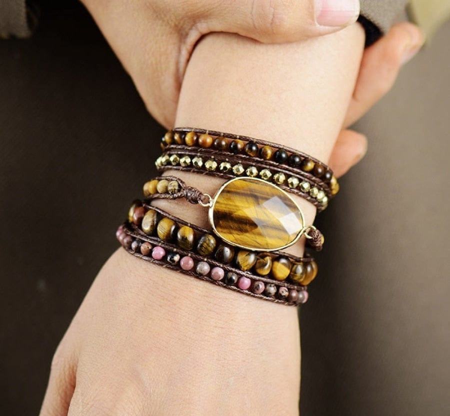 Natural Tiger Eye & Rhodonite Wrap Bracelet
