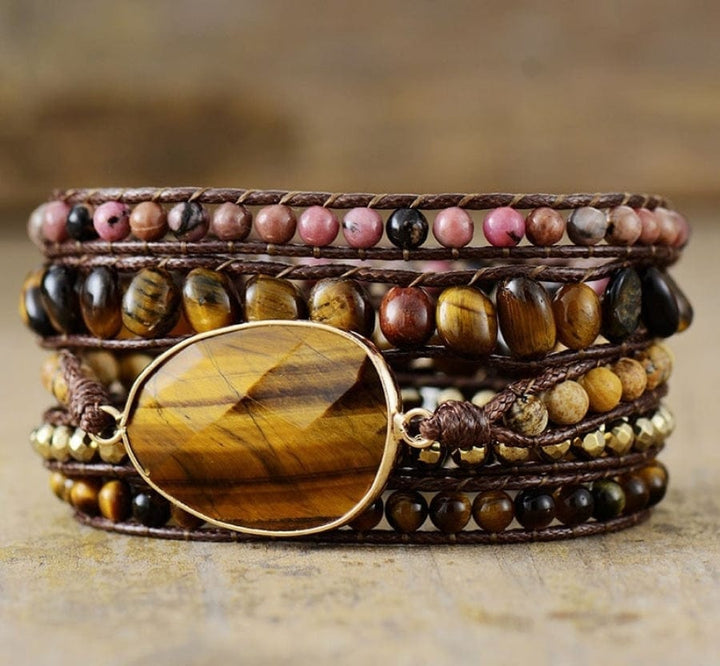 Natural Tiger Eye & Rhodonite Wrap Bracelet