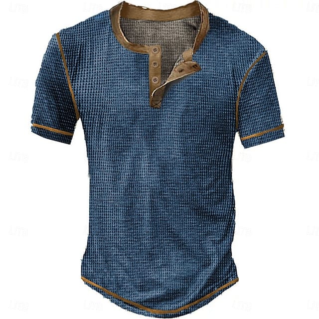 Men's Waffle Henley Shirt Tee Short Sleeve Plaid Checkered Fashion Designer Comfortable Buttons Henley Outdoor Casual Daily Summer Black White Yellow Henley T-Shirt