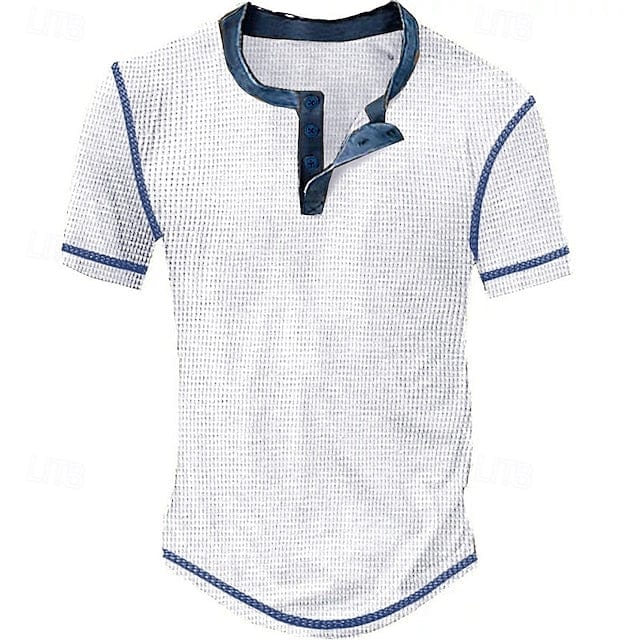 Men's Waffle Henley Shirt Tee Short Sleeve Plaid Checkered Fashion Designer Comfortable Buttons Henley Outdoor Casual Daily Summer Black White Yellow Henley T-Shirt