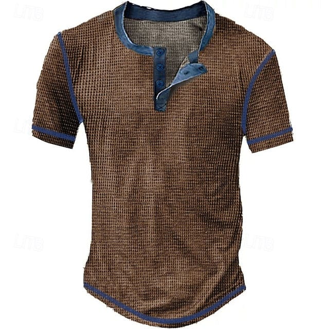 Men's Waffle Henley Shirt Tee Short Sleeve Plaid Checkered Fashion Designer Comfortable Buttons Henley Outdoor Casual Daily Summer Black White Yellow Henley T-Shirt